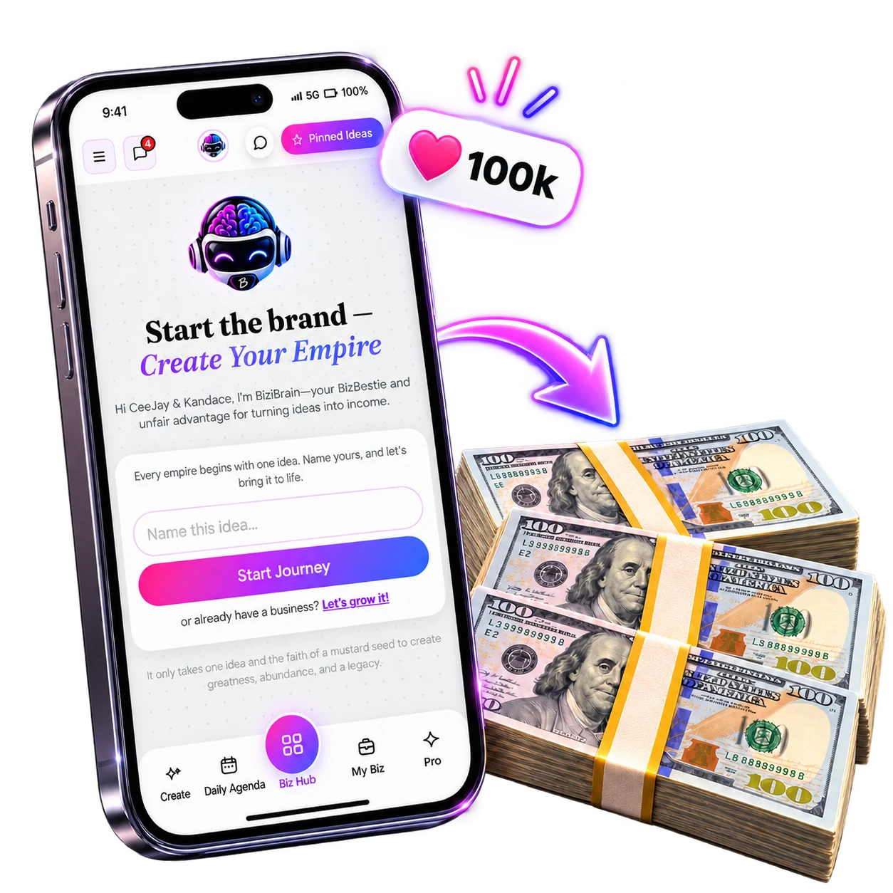 The BiziBrain app on a phone, next to a 100k likes badge and stacks of money