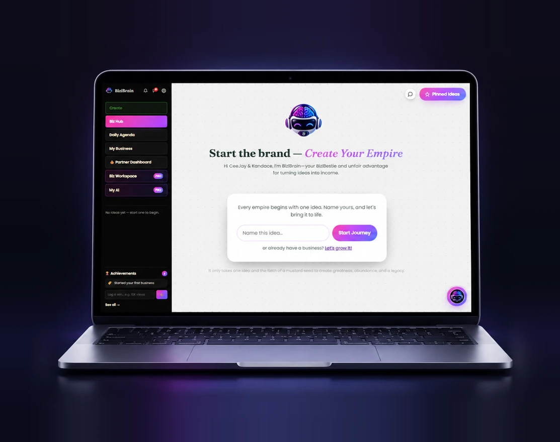 A laptop showing the BiziBrain dashboard: “Start the brand — Create Your Empire”