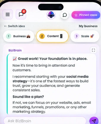 BiziBrain in the app: “Great work! Your foundation is in place.”